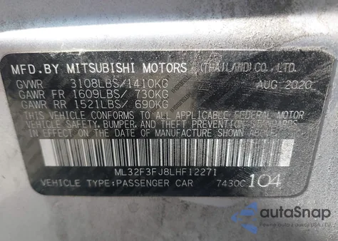 2020 Mitsubishi Mirage G4 Es из США, поврежденный, VIN ML32F3FJ8LHF12271